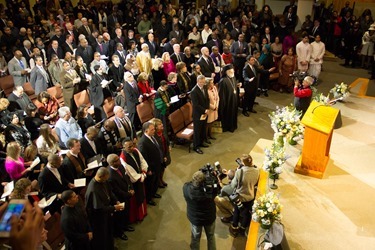 Prayer Service for Massachusetts Governor-elect Charlie Baker and Lieutenant Governor-elect Karyn Polito held on the eve of their inauguration, Jan. 7, 2015 at Congregation Lion of Juda in Boston.
Pilot photo/ Christopher S. Pineo 
