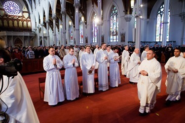 Cardinal Sean P. O’Malley ordains Anthony Cusack, Andrea Filippucci, Christopher Lowe, Peter Stamm, and Sinisa Ubiparipovic transitional deacons at the Cathedral of the Holy Cross Jan. 10, 2015.
Pilot photo/ Gregory L. Tracy 