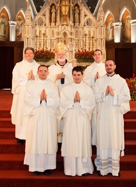 Cardinal Sean P. O’Malley ordains Anthony Cusack, Andrea Filippucci, Christopher Lowe, Peter Stamm, and Sinisa Ubiparipovic transitional deacons at the Cathedral of the Holy Cross Jan. 10, 2015.
Pilot photo/ Gregory L. Tracy 