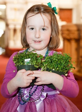 Fiona Gael Mahon of Newburypory collects her blessed shamrocks following the St. Patrick’s Day Mass at the Cathedral of the Holy Cross March 17, 2015.<br /><br />
Pilot photo/ Gregory L. Tracy<br /><br />
