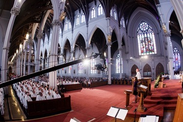 Cardinal Sean P. O'Malley celebrates the annual Chrism Mass at the Cathedral of the Holy Cross March 31, 2015.  The Mass at which the sacred oils are blessed is also an occasion to celebrate priestly fraternity. (Pilot photo/ Gregory L. Tracy)