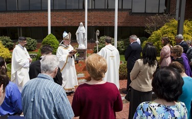 Dedication of the statue of the Blessed Mother outside the Pastoral Center to the late Jack and Mary Shaughnessy, May 12, 2015.  