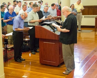 Boston clergy share priestly fraternity in a casual setting at the Annual St. John Vianney Cookout hosted by St. John Seminary, Aug. 6, 2015. The gathering began with a talk on the papal encyclical “Laudato Si’” by Father J. Bryan Hehir.
Pilot photo/ Christopher S. Pineo 
