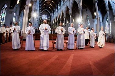 Transitional diaconate ordination of Deacons Jason Giombetti, Pablo Gomis Gonzalez, Godfrey Musabe, Wellington DeOliveira, Joel Santos and William Sexton at the Cathedral of the Holy Cross, April 30, 2016. The men will be ordained to the priesthood in 2017. Pilot photo/ Gregory L. Tracy 