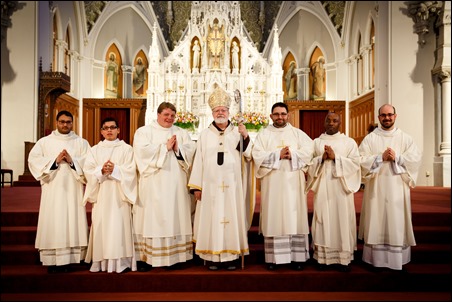 Transitional diaconate ordination of Deacons Jason Giombetti, Pablo Gomis Gonzalez, Godfrey Musabe, Wellington DeOliveira, Joel Santos and William Sexton at the Cathedral of the Holy Cross, April 30, 2016. The men will be ordained to the priesthood in 2017. Pilot photo/ Gregory L. Tracy 