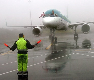 Despite the atrocious weather, the first inaugural transatlic flight from Boston USA arrives at Ireland West Airport Knock with American and Mayo flags fluttering from the cockpit. the flight carried 179 pilgrims to Knock shrine led by Archbishop of Boston Cardinal Sean O'Malley. Picture Henry Wills. 