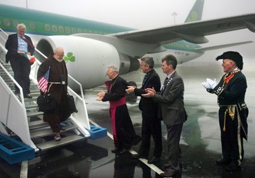 Pilgrims Progress - Archbishop of Boston Cardinal Sean O'Malley steps off the first transatlanic flight from Boston USA to Ireland West Airport Knock to the delight of welcoming party, Archbishop of Tuam, Dr Michael Neary, Knock Shrine PP Fr richard Gibbons, Mayo Co Council Cathaoirleach Collr Al McDonnell, and Airport Board Chairman Joe Kennedy. Also alighting from the flight, with the Cardinal who led 179 fellow pilgrims to Knock Shrine, is Airport Board International Chairman Brian O'Dwyer. Picture Henry Wills. 