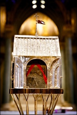 The reliquary containing the heart of St. Padre Pio stands in Immaculate Conception Church in Lowell, Mass. Sept 21, 2016. The relic is on a three-day tour of the Archdiocese of Boston, which will culminate with a Mass celebrated by Cardinal Seán P. O'Malley on the saint’s feast day, Sept. 23. Pilot photo/ Gregory L. Tracy 