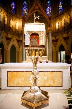 The reliquary containing the heart of St. Padre Pio stands in Immaculate Conception Church in Lowell, Mass. Sept 21, 2016. The relic is on a three-day tour of the Archdiocese of Boston, which will culminate with a Mass celebrated by Cardinal Seán P. O'Malley on the saint’s feast day, Sept. 23. Pilot photo/ Gregory L. Tracy 