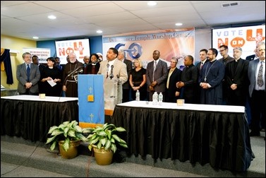 Massachusetts faith leaders opposing Ballot Question 4 rally at Deliverance Temple Worship Center in Dorchester, Nov. 1. Pilot photo/ Gregory L. Tracy 