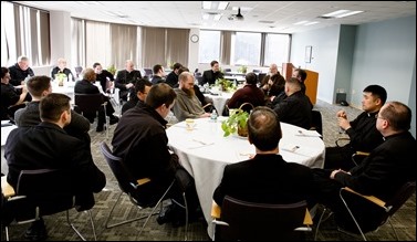 Cardinal Seán P. O'Malley meets with recently ordained priests at the Archdiocese of Boston’s Pastoral Center Jan. 19, 2017. Pilot photo/ Gregory L. Tracy 