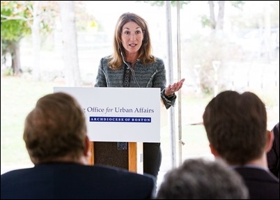 Cardinal Seán P. O’Malley and Lt. Governor Karyn Polito celebrate the groundbreaking of Bethany Apartments affordable and workforce housing at the Cardinal Cushing Centers in Hanover, Oct. 23, 2017. Pilot photo/ Gregory L. Tracy 