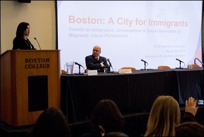 Seminar on the "Contribution of Migrants to Development and Social Innovation" held at Boston College, March 22, 2018. Pilot photo/ Mark Labbe 