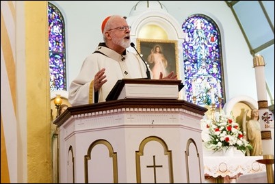 Cardinal O’Malley celebrates a Mass at the Shrine of Divine Mercy in Salem to officially present a relic of Pope St. John Paul II, April 7, 2018. Following the Mass, there was a luncheon, time of prayer and a Way of the Cross procession through the streets of Salem. Pilot photo/ Mark Labbe 