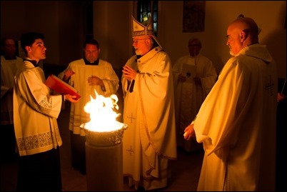 Cardinal O’Malley celebrates the Easter Vigil with the blessing of the Easter fire and the reception of new members of the Church at the Cathedral of the Holy Cross, March 31, 2018. Pilot photo/ Mark Labbe 