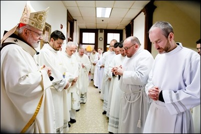 Ordination of Transitional Deacons Joseph Almeida, Maciej Kazimierz Araszkiewicz, Corey Bassett-Tirrell, Marcos Enrique, Timothy Paul Hynes, Przemyslaw Kasprzak, Brother John Edward Koelle OFM Cap., Brian Peter O’Hanlon, Mark Teodor Olejnik, Francis Huy Duc Pham, William Henry Robinson, Carignan Langlois Rouse, Victor Luna Vitug II, and James Paul Wargovich at Immaculate Conception Church in Lowell, April 14, 2018. Pilot photo/ Gregory L. Tracy 