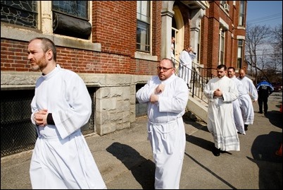 Ordination of Transitional Deacons Joseph Almeida, Maciej Kazimierz Araszkiewicz, Corey Bassett-Tirrell, Marcos Enrique, Timothy Paul Hynes, Przemyslaw Kasprzak, Brother John Edward Koelle OFM Cap., Brian Peter O’Hanlon, Mark Teodor Olejnik, Francis Huy Duc Pham, William Henry Robinson, Carignan Langlois Rouse, Victor Luna Vitug II, and James Paul Wargovich at Immaculate Conception Church in Lowell, April 14, 2018. Pilot photo/ Gregory L. Tracy 