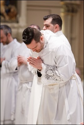 Ordination of Transitional Deacons Joseph Almeida, Maciej Kazimierz Araszkiewicz, Corey Bassett-Tirrell, Marcos Enrique, Timothy Paul Hynes, Przemyslaw Kasprzak, Brother John Edward Koelle OFM Cap., Brian Peter O’Hanlon, Mark Teodor Olejnik, Francis Huy Duc Pham, William Henry Robinson, Carignan Langlois Rouse, Victor Luna Vitug II, and James Paul Wargovich at Immaculate Conception Church in Lowell, April 14, 2018. Pilot photo/ Gregory L. Tracy 