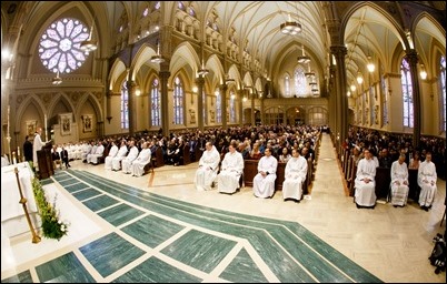 Ordination of Transitional Deacons Joseph Almeida, Maciej Kazimierz Araszkiewicz, Corey Bassett-Tirrell, Marcos Enrique, Timothy Paul Hynes, Przemyslaw Kasprzak, Brother John Edward Koelle OFM Cap., Brian Peter O’Hanlon, Mark Teodor Olejnik, Francis Huy Duc Pham, William Henry Robinson, Carignan Langlois Rouse, Victor Luna Vitug II, and James Paul Wargovich at Immaculate Conception Church in Lowell, April 14, 2018. Pilot photo/ Gregory L. Tracy 