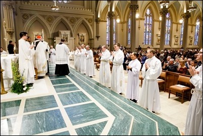 Ordination of Transitional Deacons Joseph Almeida, Maciej Kazimierz Araszkiewicz, Corey Bassett-Tirrell, Marcos Enrique, Timothy Paul Hynes, Przemyslaw Kasprzak, Brother John Edward Koelle OFM Cap., Brian Peter O’Hanlon, Mark Teodor Olejnik, Francis Huy Duc Pham, William Henry Robinson, Carignan Langlois Rouse, Victor Luna Vitug II, and James Paul Wargovich at Immaculate Conception Church in Lowell, April 14, 2018. Pilot photo/ Gregory L. Tracy 