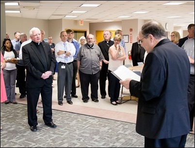 Farewell gathering of Frank Mendez, Dan Nisby and Msgr. William Fay at the Pastoral Center, June 22, 2018. Pilot photo/ Gregory L. Tracy