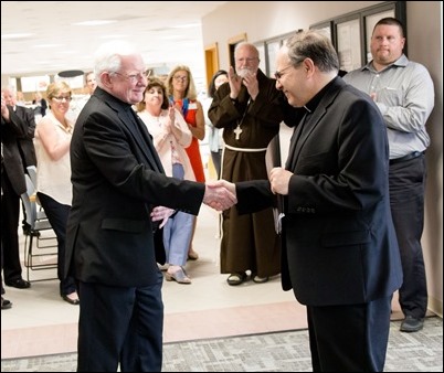 Farewell gathering of Frank Mendez, Dan Nisby and Msgr. William Fay at the Pastoral Center, June 22, 2018. Pilot photo/ Gregory L. Tracy