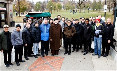 Cardinal O’Malley gives his blessing to seminarians from St. John Seminary as they prepare to distribute food and Miraculous Medals to the homeless and needy on BostonCommon as part of the Fratello initiative, marking World Day of the Poor, Nov. 18, 2018. Pilot photo/ Gregory L. Tracy 