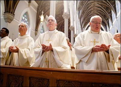 Cardinal O’Malley celebrates the annual Chrism Mass at the Cathedral of the Holy Cross April 16, 2019. The Mass, held during Holy Week, is an occasion to bless the scared oils for use in the coming year and for priests to renew their vows. (Pilot photo/ Gregory L. Tracy)