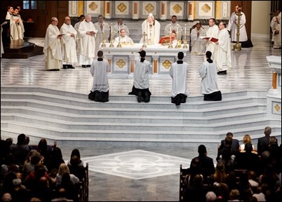 Erick Gonzalez, Joseph Hubbard, Matthew Norwood, Fernando J. Vivas, and Daniel Zinger for the Archdiocese of Boston; Brother Paul Kallal for the Oblates of the Virgin Mary; and Brother Antonio B. Lopez for the Congregation of the Sacred Stigmata are ordained transitional deacons June 8, 2019 at the Cathedral of the Holy Cross.<br />
Pilot photo/ Gregory L. Tracy 