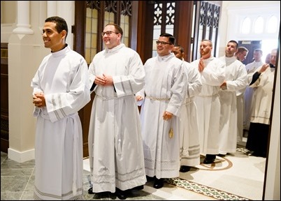 Erick Gonzalez, Joseph Hubbard, Matthew Norwood, Fernando J. Vivas, and Daniel Zinger for the Archdiocese of Boston; Brother Paul Kallal for the Oblates of the Virgin Mary; and Brother Antonio B. Lopez for the Congregation of the Sacred Stigmata are ordained transitional deacons June 8, 2019 at the Cathedral of the Holy Cross.<br />
Pilot photo/ Gregory L. Tracy 