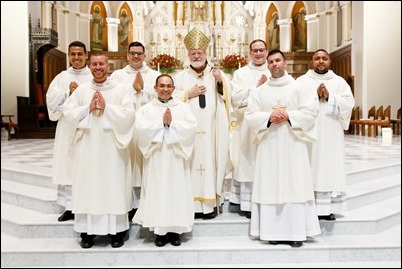 Erick Gonzalez, Joseph Hubbard, Matthew Norwood, Fernando J. Vivas, and Daniel Zinger for the Archdiocese of Boston; Brother Paul Kallal for the Oblates of the Virgin Mary; and Brother Antonio B. Lopez for the Congregation of the Sacred Stigmata are ordained transitional deacons June 8, 2019 at the Cathedral of the Holy Cross.<br />
Pilot photo/ Gregory L. Tracy 