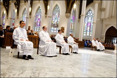 Erick Gonzalez, Joseph Hubbard, Matthew Norwood, Fernando J. Vivas, and Daniel Zinger for the Archdiocese of Boston; Brother Paul Kallal for the Oblates of the Virgin Mary; and Brother Antonio B. Lopez for the Congregation of the Sacred Stigmata are ordained transitional deacons June 8, 2019 at the Cathedral of the Holy Cross.<br />
Pilot photo/ Gregory L. Tracy 