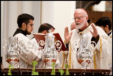 Cardinal O’Malley celebrates the annual Chrism Mass at the Cathedral of the Holy Cross April 16, 2019. The Mass, held during Holy Week, is an occasion to bless the scared oils for use in the coming year and for priests to renew their vows. (Pilot photo/ Gregory L. Tracy)