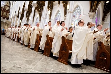 Cardinal O’Malley celebrates the annual Chrism Mass at the Cathedral of the Holy Cross April 16, 2019. The Mass, held during Holy Week, is an occasion to bless the scared oils for use in the coming year and for priests to renew their vows. (Pilot photo/ Gregory L. Tracy)