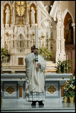 Cardinal Sean P. O’Malley celebrates the Easter Vigil at the Cathedral of the Holy Cross, April 12, 2020.
Pilot photo/ Gregory L. Tracy 