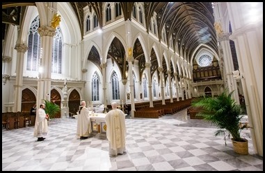 Cardinal Sean P. O’Malley celebrates the Holy Thursday Mass of the Last Supper at the Cathedral of Holy Cross, April 9, 2020.
Photo by Gregory L. Tracy, The Pilot