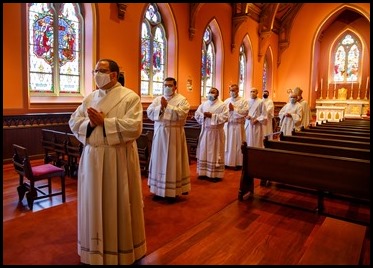 Presbyteral ordination of Fathers Joseph Hubbard, Dennis Nakkeeran, Matthew Norwood, Fernando Vivas, Daniel Zinger and James P. Ferus, SJ at the Cathedral of the Holy Cross, Aug. 1, 2020.
Pilot photo/ Gregory L. Tracy 