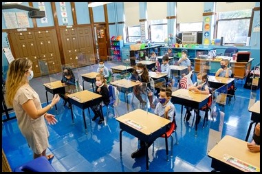 Students in kindergarten through second grade begin their first day of school at Immaculate Conception School in Revere Sept. 8, 2020.
Pilot photo/ Gregory L. Tracy 