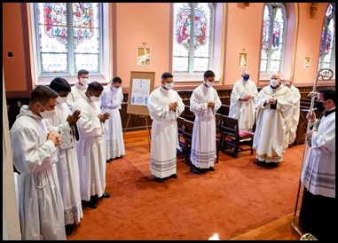 Cardinal Sean P. O’Malley ordains Transitional Deacons Fernando Ayala, David Anthony Campo, Brother Francis Godkin FPO, Robert LeBlanc Jr., Leonardo Moreira, Kevin Pleitez, Steven Restrepo, Alwin Chinnappan and Valanarasu Williamraj at the Cathedral of the Holy Cross on Oct. 24, 2020.
Pilot photo/ Gregory L. Tracy