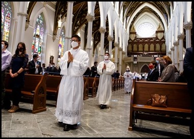 Cardinal Sean P. O’Malley ordains Transitional Deacons Fernando Ayala, David Anthony Campo, Brother Francis Godkin FPO, Robert LeBlanc Jr., Leonardo Moreira, Kevin Pleitez, Steven Restrepo, Alwin Chinnappan and Valanarasu Williamraj at the Cathedral of the Holy Cross on Oct. 24, 2020.
Pilot photo/ Gregory L. Tracy