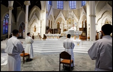 Cardinal Sean P. O’Malley ordains Transitional Deacons Fernando Ayala, David Anthony Campo, Brother Francis Godkin FPO, Robert LeBlanc Jr., Leonardo Moreira, Kevin Pleitez, Steven Restrepo, Alwin Chinnappan and Valanarasu Williamraj at the Cathedral of the Holy Cross on Oct. 24, 2020.
Pilot photo/ Gregory L. Tracy