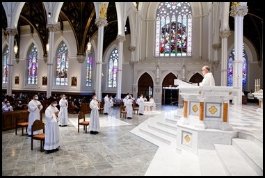 Cardinal Sean P. O’Malley ordains Transitional Deacons Fernando Ayala, David Anthony Campo, Brother Francis Godkin FPO, Robert LeBlanc Jr., Leonardo Moreira, Kevin Pleitez, Steven Restrepo, Alwin Chinnappan and Valanarasu Williamraj at the Cathedral of the Holy Cross on Oct. 24, 2020.
Pilot photo/ Gregory L. Tracy