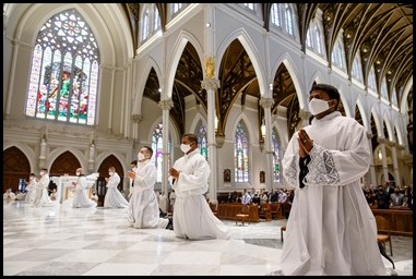 Cardinal Sean P. O’Malley ordains Transitional Deacons Fernando Ayala, David Anthony Campo, Brother Francis Godkin FPO, Robert LeBlanc Jr., Leonardo Moreira, Kevin Pleitez, Steven Restrepo, Alwin Chinnappan and Valanarasu Williamraj at the Cathedral of the Holy Cross on Oct. 24, 2020.
Pilot photo/ Gregory L. Tracy