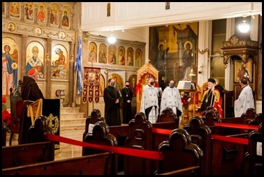 Cardinal Sean P. O’Malley visits St. John the Baptist Greek Orthodox Church in Boston as Metropolitan Methodios celebrates the Feast of Theophany, Jan. 6, 2021.
Pilot photo/ Jacqueline Tetrault 