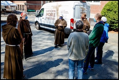 Cardinal Sean O’Malley blesses the van used by Capuchin Mobile Ministries’ outreach to the homeless at San Lorenzo Friary in Jamaica Plain March 27, 2021.
Pilot photo/ Gregory L. Tracy 