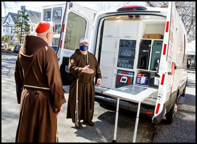 Cardinal Sean O’Malley blesses the van used by Capuchin Mobile Ministries’ outreach to the homeless at San Lorenzo Friary in Jamaica Plain March 27, 2021.
Pilot photo/ Gregory L. Tracy 